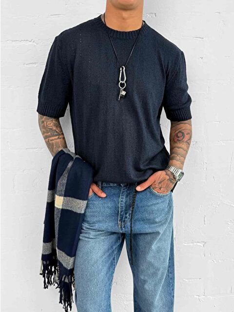Abluka Online Erkek Regular Fit Örme Desenli Tişört Lacivert - S000378097-21164