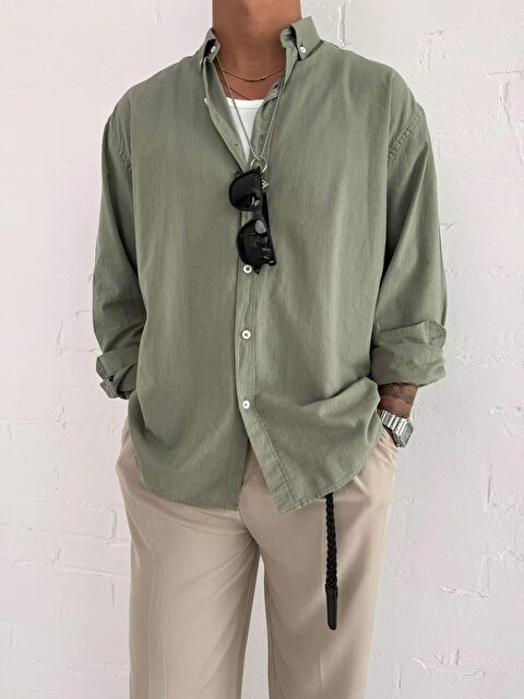 Abluka Online Erkek Relax Fit Rahat Kesim İnce %100 Pamuk Gömlek Haki - S000365703-18547