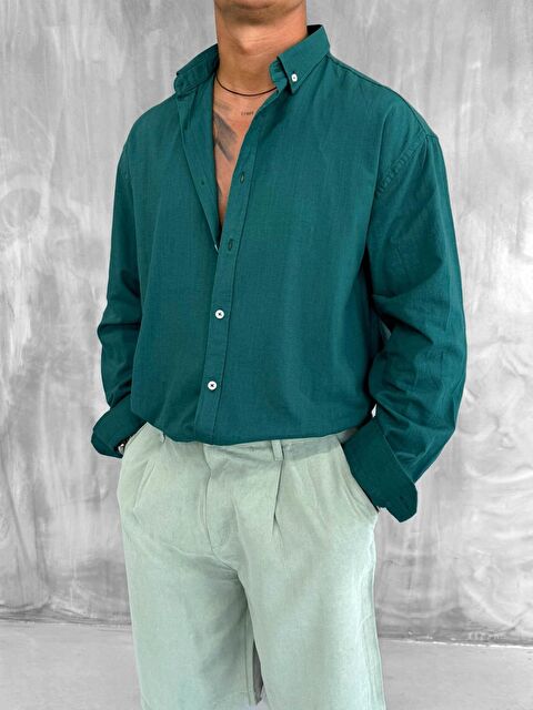 Abluka Online Erkek Relax Fit Rahat Kesim İnce %100 Pamuk Gömlek Koyu Yeşil - S000365703-19416