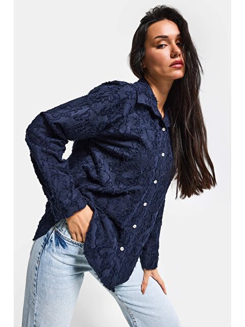 It's Basic Kadın Lacivert s6-56 Özel Kumaş Bol Kesim Elastan Gömlek - S000512166-21164