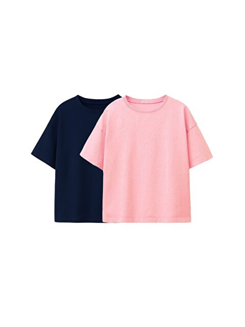 ZUZUNGA Basic 2'Li Kız Çocuk Bisiklet Yaka T-Shirt ( Lacivert - Pembe ) - S000518709-37392