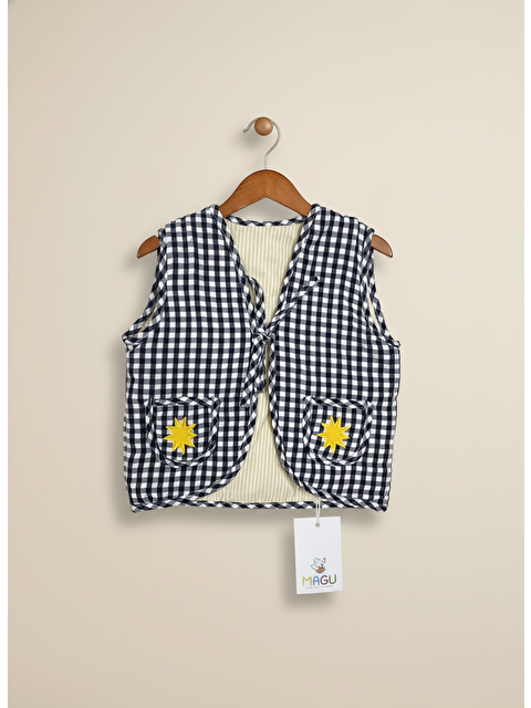 Magu Unisex Çocuk Pamuklu Lacivert Ekose Kuş Aplikeli Yelek – Yumuşak Dolgulu - S000503981-23173