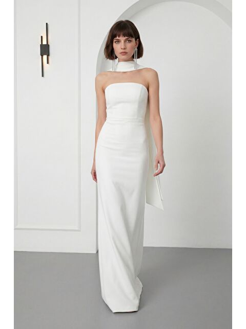 Lafaba Kadın Beyaz Dar Kalıp Şal Yaka Detay Uzun Abiye Elbise