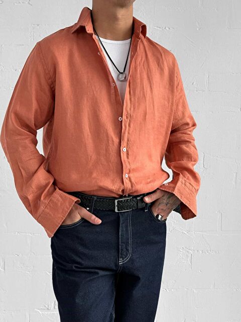 Abluka Online Erkek Uzun Kollu Regular Fit %100 Keten Gömlek Turuncu - S000365715-20013