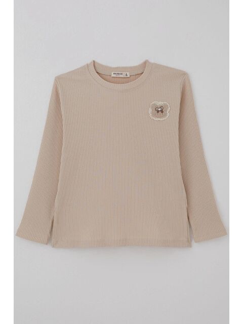 Breeze Kız Çocuk Uzun Kollu Tişört Arma Detaylı Düz Renk Bej (5-10 Yaş) - S000526952-19928