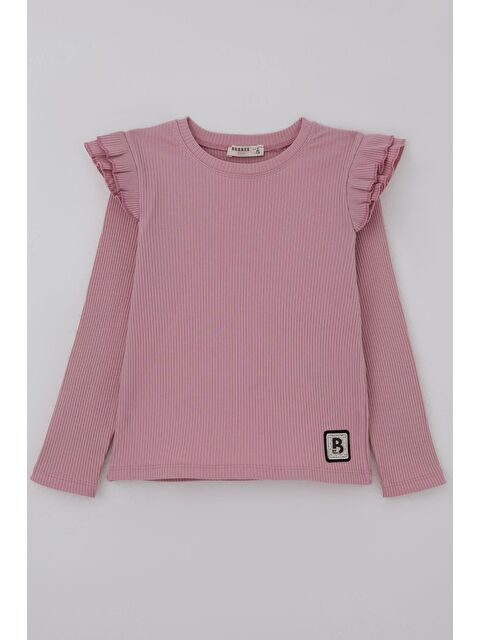 Breeze Kız Çocuk Uzun Kollu Tişört Arma Detaylı Omuzu Fırfırlı Gülkurusu (5-10 Yaş) - S000526874-20028