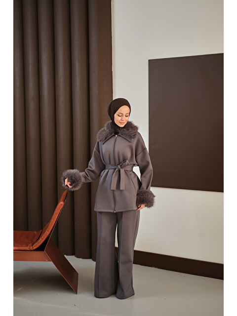Locco Moda Kadın Kolları Ve Yakası Kürk Detay Takım Antrasit - S000485783-29666