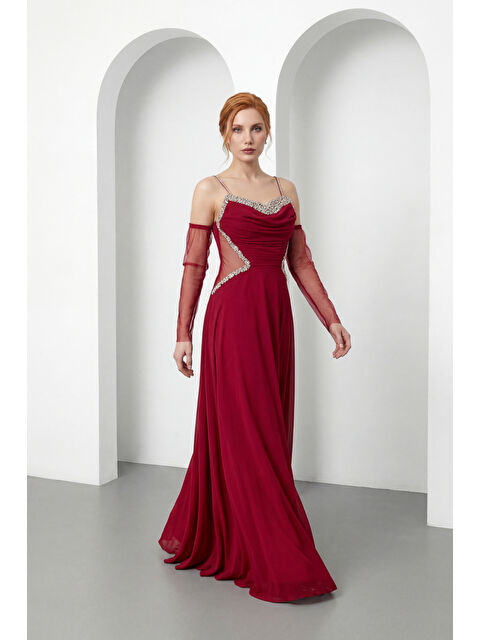 Lafaba Kadın Bordo Taşlı Şifon Uzun Abiye Elbise
