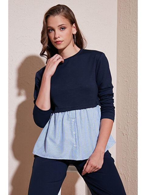 Lela Bisiklet Yaka Gömlekli Oversize Fit Kumaş Kadın Sweat 5865880 - S000260068-21164