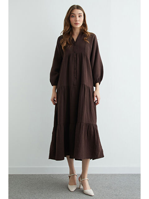 Fullamoda Fullamodest Yarım Düğmeli Hakim Yaka Müslin Elbise - S000503852-19413