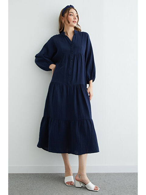 Fullamoda Fullamodest Yarım Düğmeli Hakim Yaka Müslin Elbise - S000503852-21164