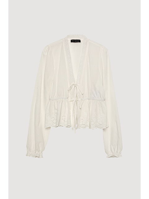 QUZU Fiyonk Bağlamalı Fisto Dantelli Bluz Ekru - S000368592-19965