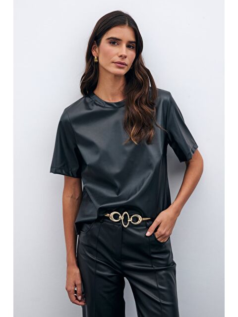 SATEEN Kısa Kol Deri Bluz - Siyah - S000338596-19351