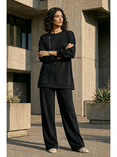 Nuss Fermuar ve Nervür Detay Tunik Pantolon Takım 1077 Siyah