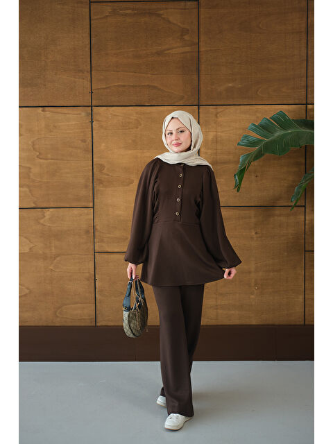 Locco Moda Kadın Çıtçıt Büzgü Detay İkili Takım Kahverengi - S000485788-19413