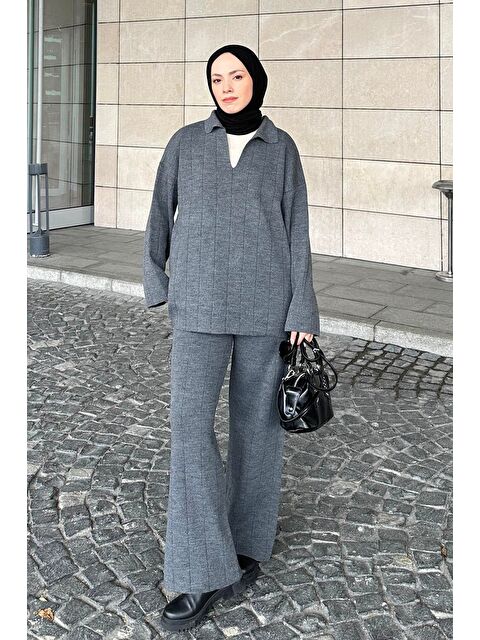 Lamelif Yaka Detay İkili Tesettür Takım Antrasit