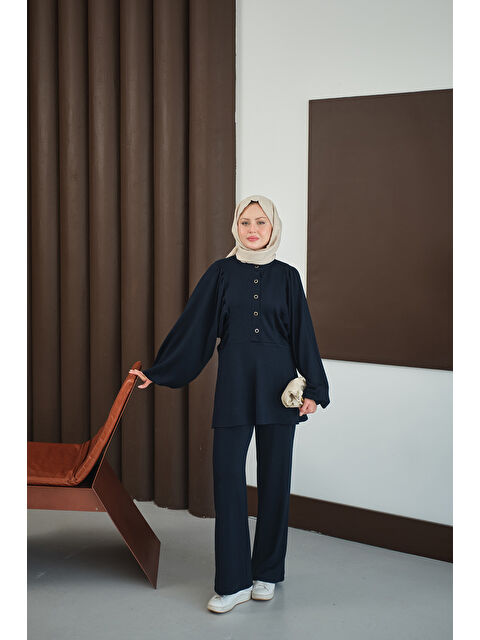 Locco Moda Kadın Çıtçıt Büzgü Detay İkili Takım Lacivert - S000485788-21164