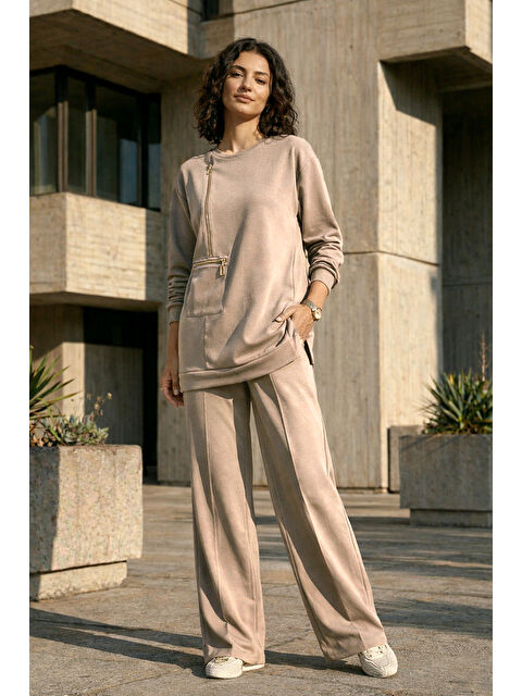 Nuss Fermuar ve Nervür Detay Tunik Pantolon Takım 1077 Taş - S000527439-25636