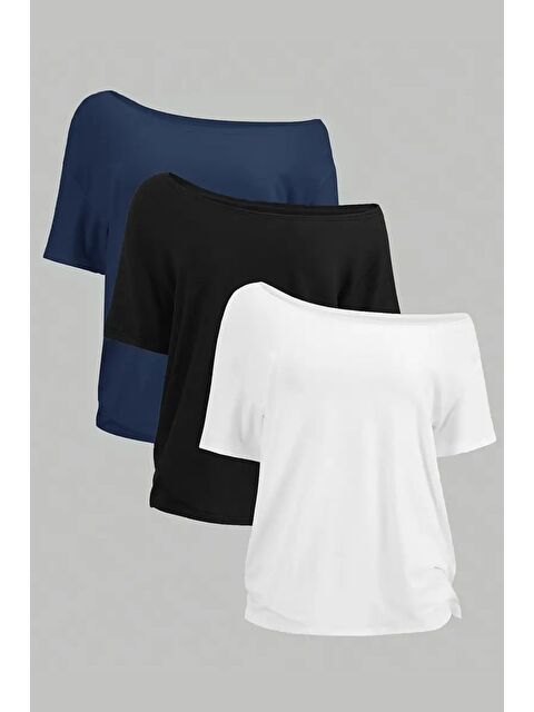 Tarz Cool Lacivert Beyaz Siyah 3lü paket Kadın Düşük Omuz Kayık Yaka Oversize T-Shirt - S000420023-27074
