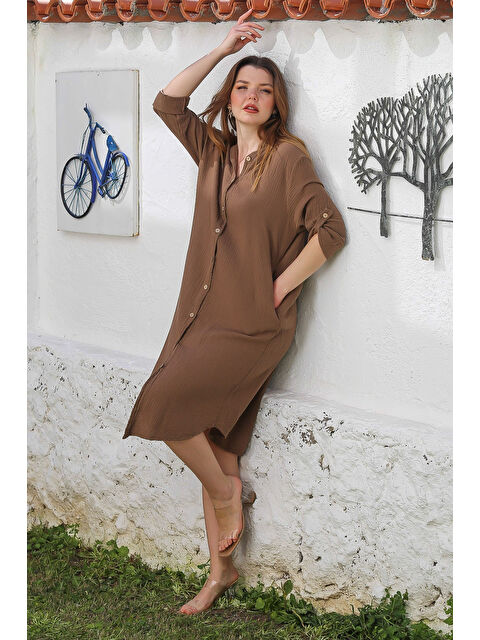 Chiccy Açık Kahve Gömlek Yaka Düğmeli Uzun Kollu Cepli Yıkamalı Casual Müslin Dokuma Elbise 118 62 - S000367611-29705