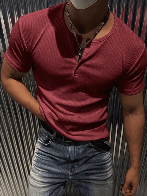 Oksit San Loe Erkek Slim Fit Elastanlı Henley Yaka Kısa Kollu Tişört - Düğmeli Esnek Kumaş