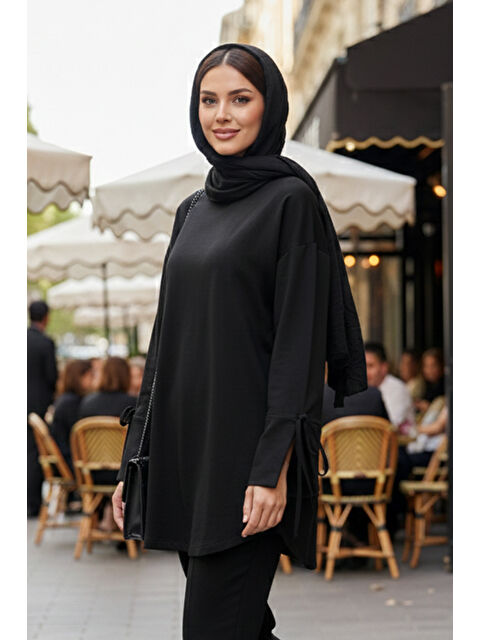 Remsa Manşeti ve Beli Bağcık Detay Sweat Tunik 3066 Siyah - S000485791-19351