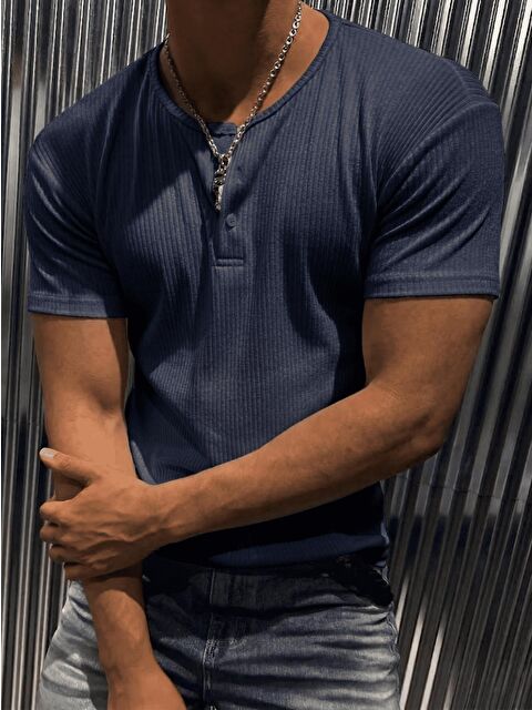 Oksit San Loe Erkek Slim Fit Elastanlı Henley Yaka Kısa Kollu Tişört - Düğmeli Esnek Kumaş