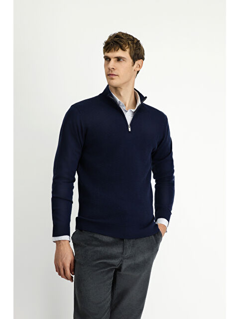 Kiğılı Yarım Balıkçı Yaka Regular Fit Desenli Fermuarlı Yünlü Triko Kazak - S000494109-29672