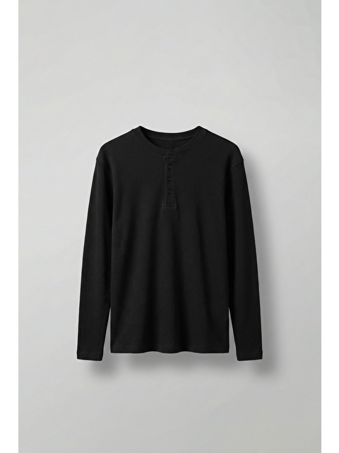 Abluka Online Erkek Oversize Düğmeli Basic Uzun Kollu T-Shirt Siyah - S000506332-19351