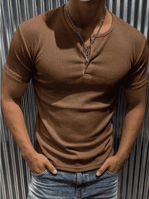 Oksit San Loe Erkek Slim Fit Elastanlı Henley Yaka Kısa Kollu Tişört - Düğmeli Esnek Kumaş