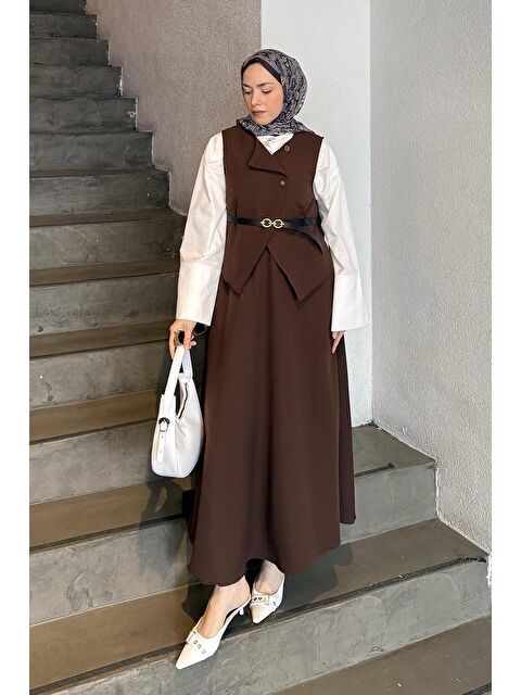 Lamelif Düğmeli Etek-Yelek Tesettür İkili Takım Acı Kahverengi - S000515399-28102
