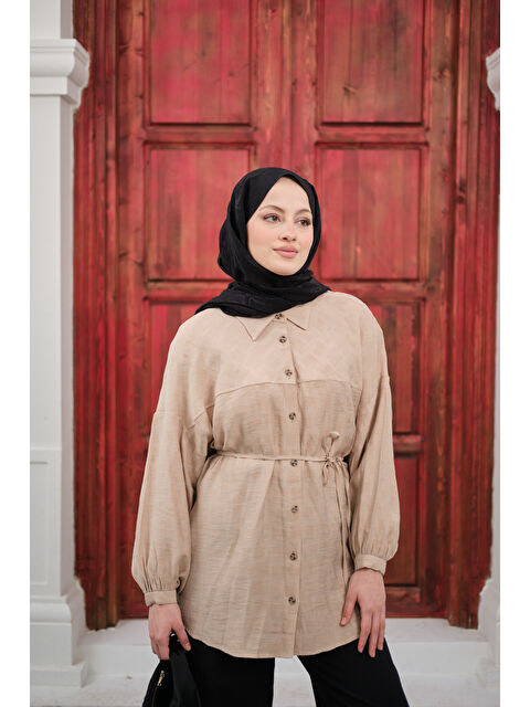 Locco Moda Kadın Bel Bağlamalı Tencele Gömlek Krem - S000511159-19966