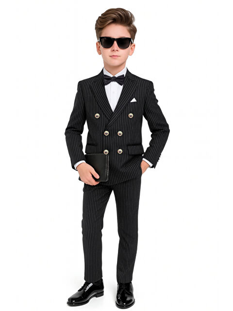 Ahengim Erkek Çocuk Düğün & Davet Kruvaze Çizgili Papyonlu Takım Elbise Ak5695 - S000488078-19351