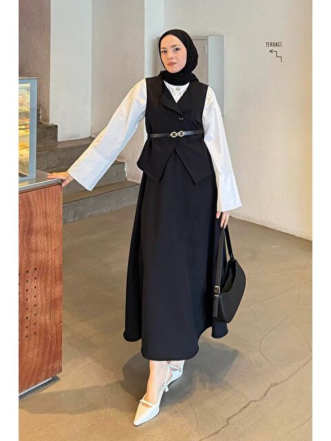 Lamelif Düğmeli Etek-Yelek Tesettür İkili Takım Siyah - S000515399-19351