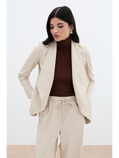 SATEEN Geniş Yaka Deri Ceket - Taş - S000323781-25636