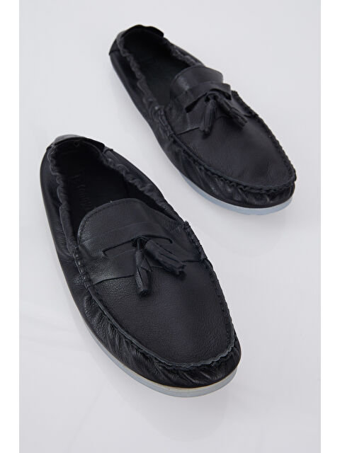 TONNY BLACK Erkek Siyah Önü Püsküllü Arkası Lastikli Rahat Kalıp Hakiki Deri Loafer - S000499897-19351