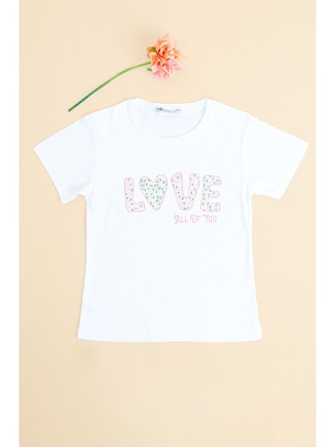 Fullamoda Çiçekli Love Yazı Baskılı Kız Çocuk Tişört