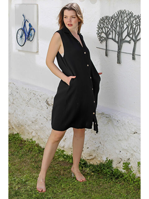 Chiccy Siyah Gömlek Yaka Kolsuz Düğmeli Cepli Yıkamalı Casual Müslin Dokuma Elbise 105 60 - S000367616-19351