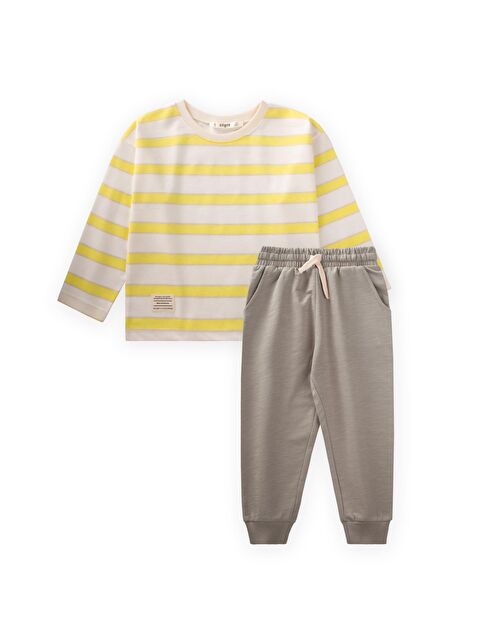CİGİT Çizgili Uzun Kollu T-Shırt Takım 2-12 Yaş Bej Sarı Çizgili - S000436385-19928