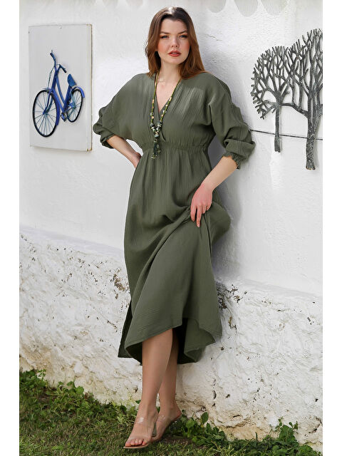 Chiccy Haki Kruvaze Yaka 3/4 Kol Yıkamalı Yırtmaçlı Casual Müslin Uzun Dokuma Elbise 130 60 - S000367620-18547