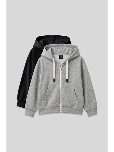 Tommylife Fermuarlı Pamuklu 2li Paket Siyah-Gri Melanj Kız Çocuk Sweatshirt - 75149 - S000486213-2530