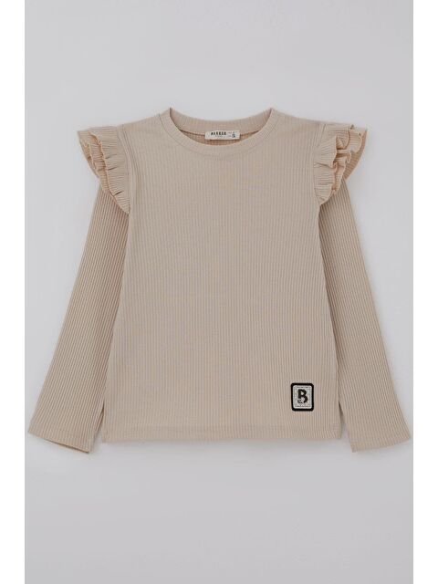 Breeze Kız Çocuk Uzun Kollu Tişört Arma Detaylı Omuzu Fırfırlı Bej (5-10 Yaş) - S000526874-19928