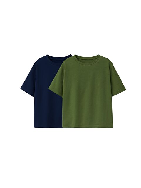 ZUZUNGA Basic 2'Li Unisex Bisiklet Yaka T-Shirt ( Lacivert - Haki ) - S000518738-21164