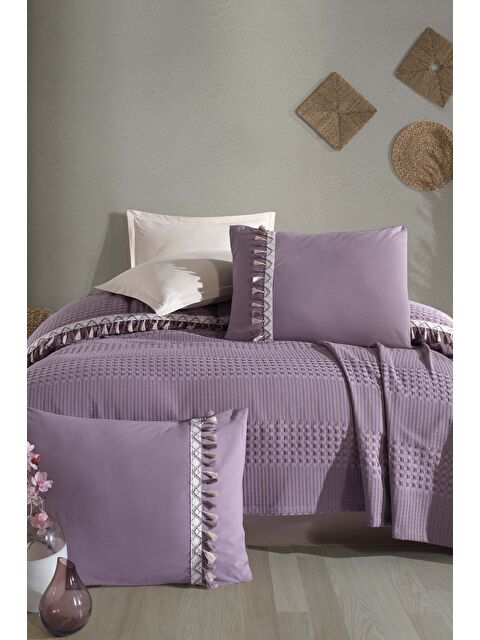 Clasy Butik Çift Kişilik Püsküllü Pike Takımı Bohamline Lila - S000145202-17878