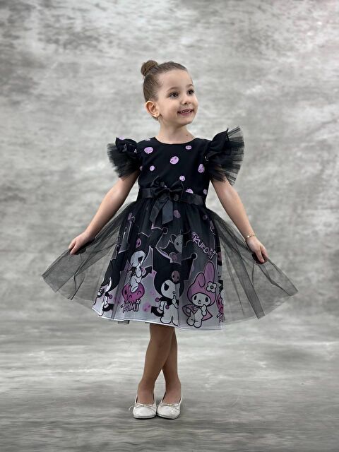 Magu Kız Çocuk Siyah-Mor Kuromi Baskılı Tüllü Elbise - Tül Fırfır Kol, Kurdele Kuşaklı - S000494632-23173