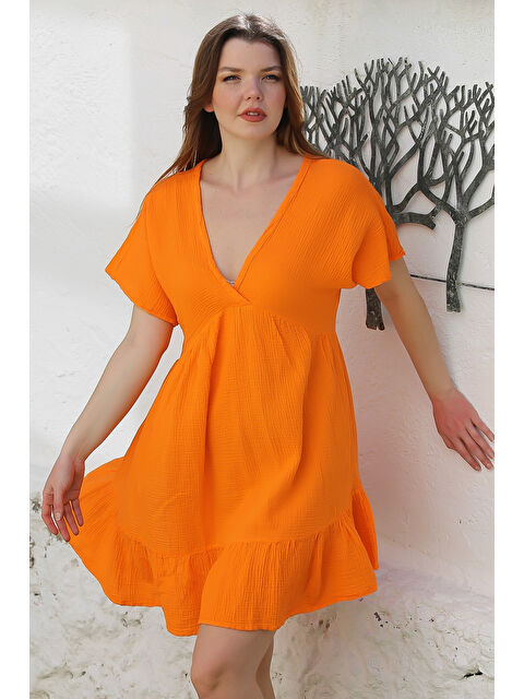 Chiccy Turuncu Kruvaze Yaka Kısa Kol Yıkamalı Etek Ucu Fırfırlı Casual Müslin Dokuma Elbise 95 51 - S000367612-20013