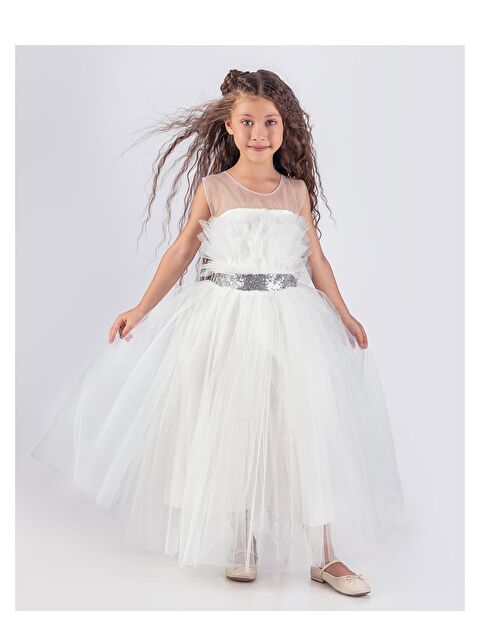 Mnk Baby & Kids Sapes Model Sırt Gipeli Tüllü Kız Çocuk Askılı Saten Abiye MNK0618 - S000389140-20063