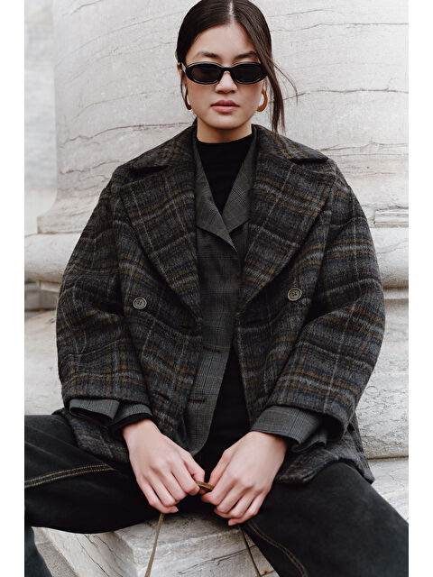 Manuka Ekose Desenli Kaşe Yünlü Kaban Antrasit - S000471237-29666