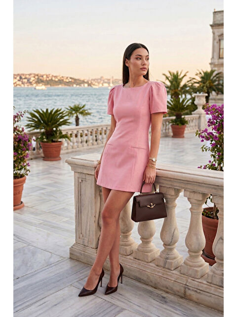 Lela Kayık Yaka Balon Kol Mini Davet Elbise 6525735