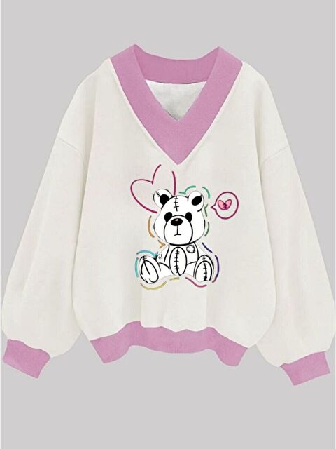 Trendseninle Beyaz V Yaka Sweet Bear Baskılı Oversize Sweatshirt - S000527443-20063
